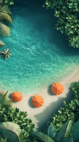 Tropical shoreline from above with vivid orange umbrellas.