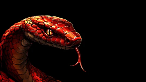 Digital painting portrait of coiled red serpent on black field.