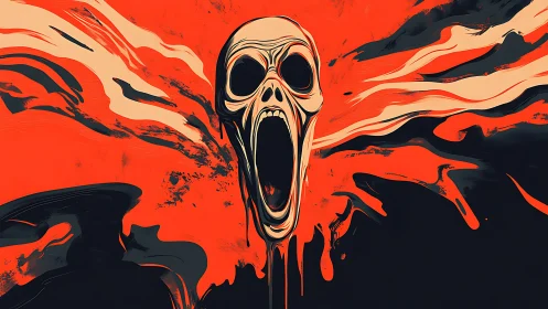 Psychoacoustic scream skull amid fluid chromatic turbulence.