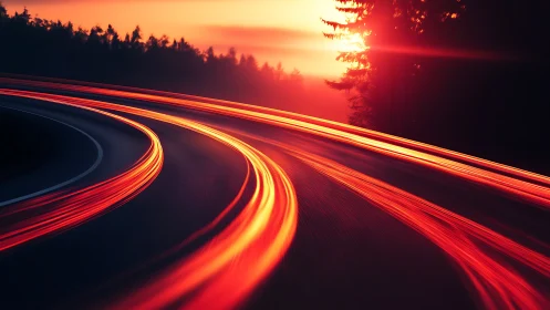 Curving highway light trails slicing through vivid sunset sky.