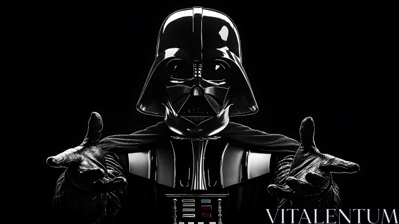 Armored dark figure extends gloved hands in stark darkness