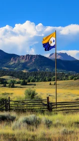 Mountain field landscape with colorful flag on tall pole.