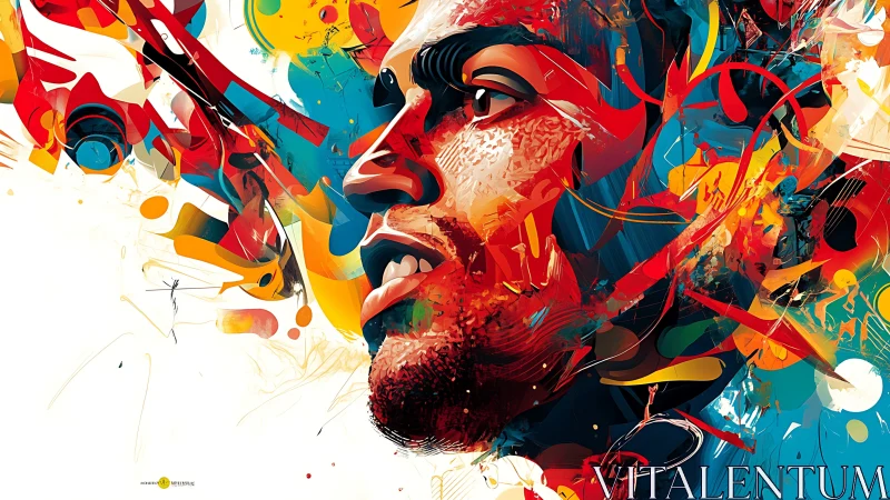 Abstract male portrait with multicolored dynamic shapes.