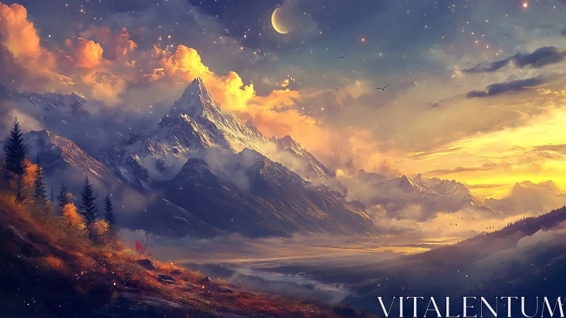 Mountain range extends under crescent moon at luminous dusk