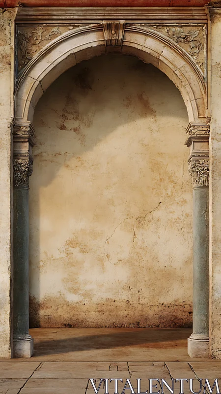 Weathered stone archway frames empty textured plaster wall