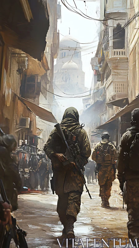 Armed patrol advancing through war torn Middle Eastern alley.
