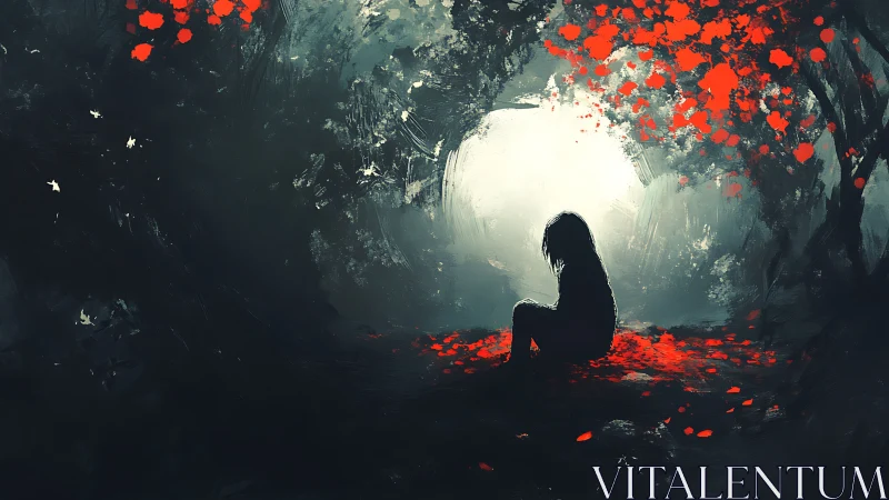 Shadow child rests where scarlet leaves rewrite the dark