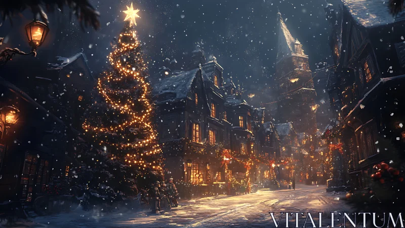 Snowlit village boulevard crowned by glowing Christmas tree.