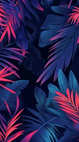 Neon-lit tropical leaves overlap on a dark abstract background
