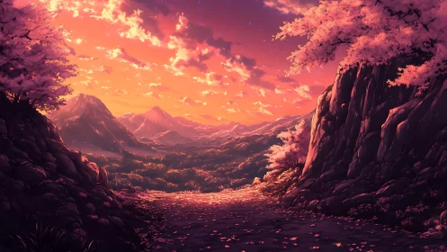 Sunset valley path under whispering cherry embers.