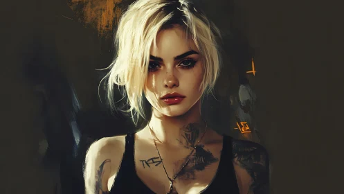 Tattooed blonde woman gazes ahead in moody digital light