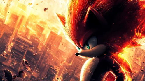 Digital painting of fiery hedgehog hero in kinetic cityscape.