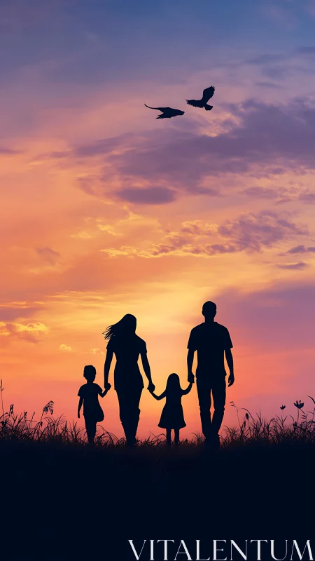 Silhouette of four people walking under multicolored sunset sky.