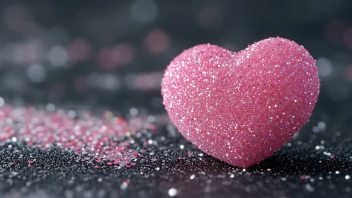 Pink glitter heart stands on dark surface in close focus