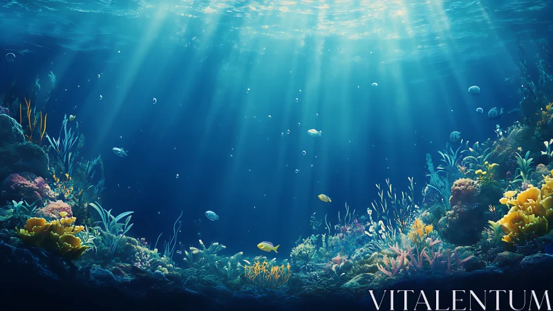 Sunlit underwater coral reef scene with diverse marine life.