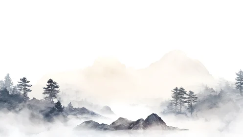 Misty pine mountainscape rendered in soft ink wash style.