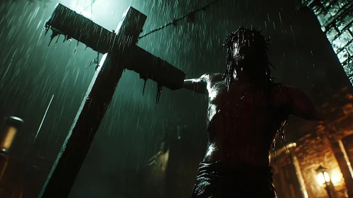 Crucified figure in rain-drenched alley under harsh light.