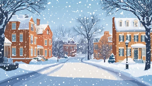 Snow-laden colonial streetscape under dense flake dispersion.