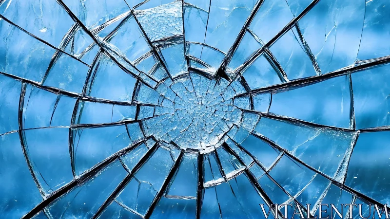 Close-up of shattered glass with radial cracks in blue light.