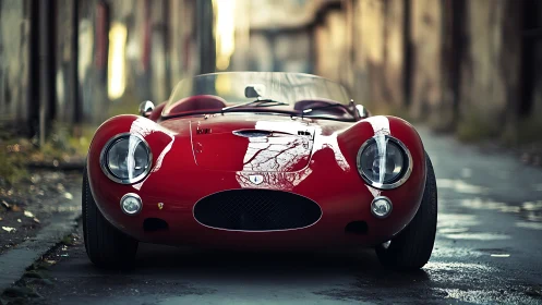 Low-angle frontal view of red vintage racing roadster in alley