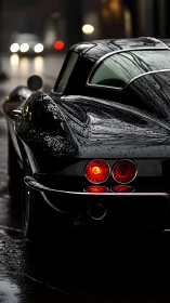 Rain-slick classic coupe stalking city lights at dusk.
