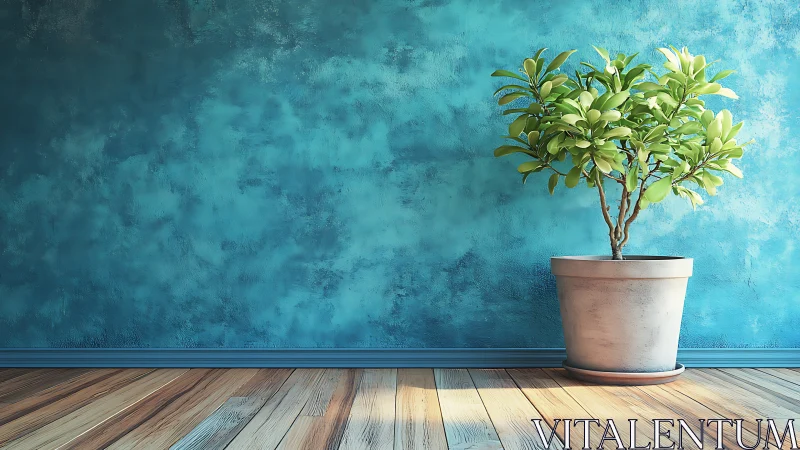 Potted indoor shrub against textured teal wall in soft light