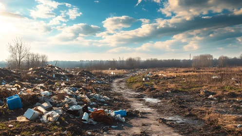 Rural dirt road lined with scattered trash and debris.