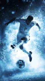 Soccer player in midair kick within blue particle burst