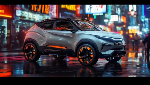 Futuristic compact SUV concept in neon city street at night.