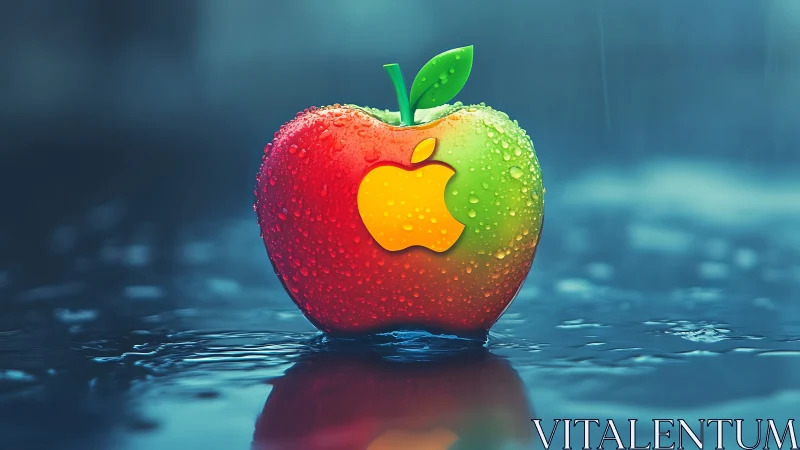 Photorealistic rainbow apple logo with cinematic raindrop rendering.