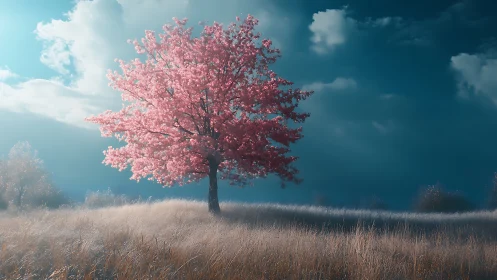 Isolated pink-blossomed tree in open grassland under clouds.