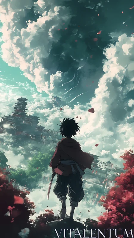 Lone swordsman surveys floating city under storm clouds.