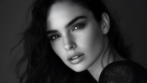 Monochrome close-up portrait of woman with intense gaze.