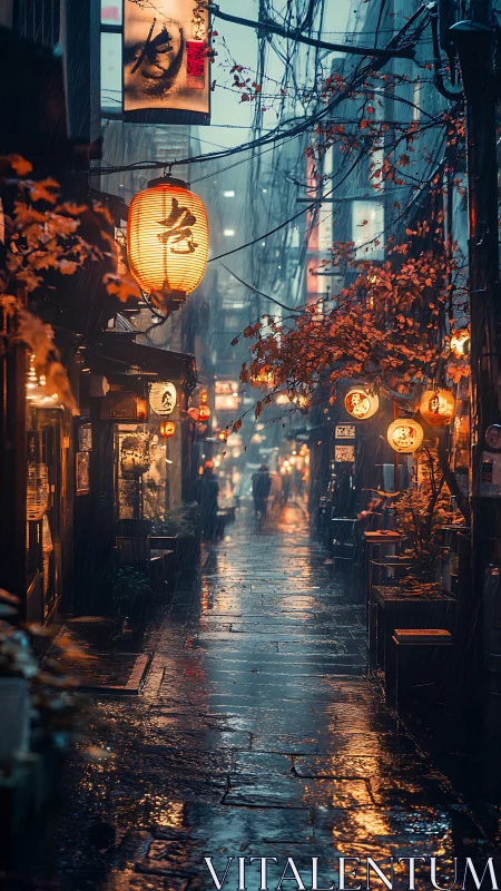 Rain-soaked Japanese alley with lantern reflections at dusk