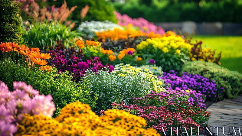 Formal flower bed arrangement with layered perennial plantings.