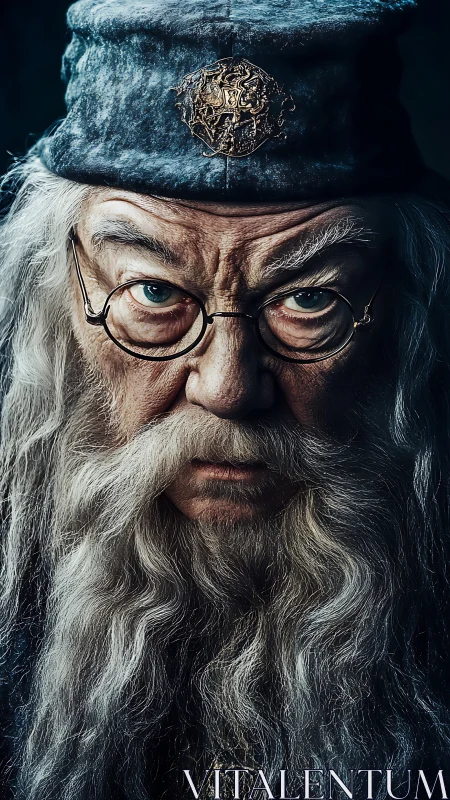 Elderly wizard portrait with intense gaze and silver beard.