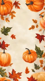 Vertical illustration arranges pumpkins and leaves symmetrically