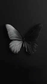 Monochrome metallic butterfly rests on deep black void.
