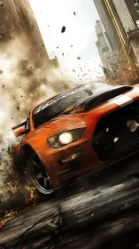 Street-shredding orange racer storms a crumbling cityscape.