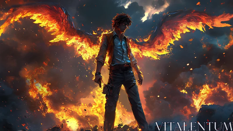 Winged human figure with fire and smoke filled background.