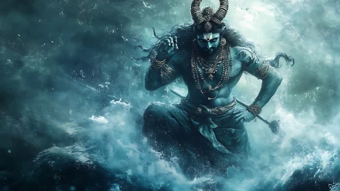 Mythic horned sea warrior emerging from turbulent ocean