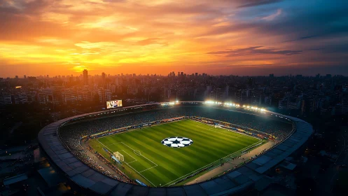 Sunset stadium glow embracing a city of football dreams.