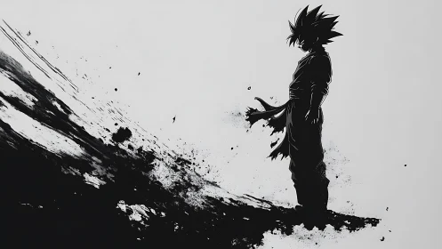 Ink-splashed warrior silhouette standing in quiet resolve.