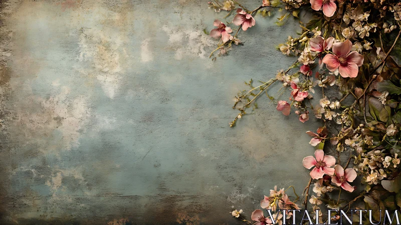 Vintage blue wall with pink flowers arranged on right side.