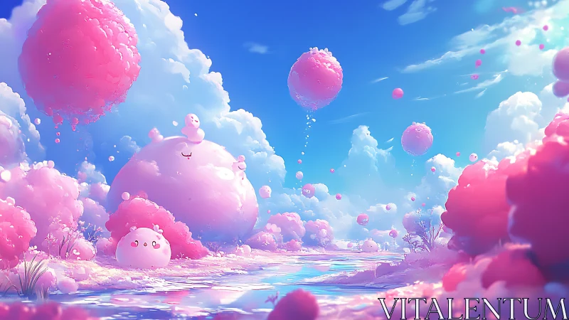 Pink cloudscape with floating spheres and rounded creatures.
