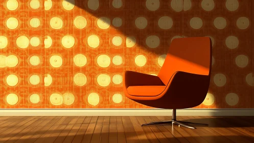 Sunlit orange lounge chair basks in retro polka calm