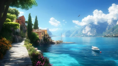 Lakeside village with boats, mountains and bright blue water.