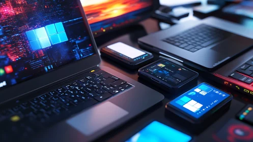 Multiple networked laptops and smartphones are arranged on desk