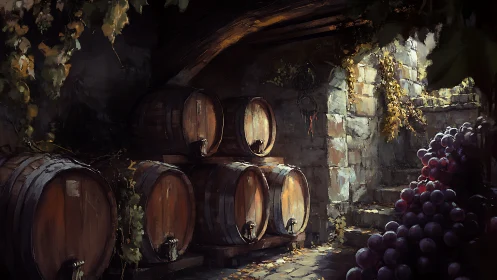 Rustic stone wine cellar with stacked oak barrels and grapes.
