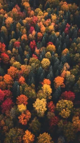 Dense autumn forest canopy in vivid red, orange, yellow hues.
